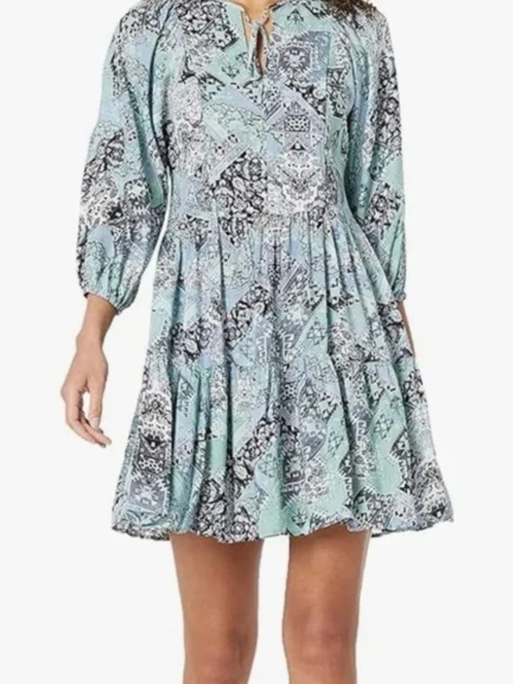 Calvin Klein Patchwork Peasant-Style 3/4 Sleeve Tiered Dress